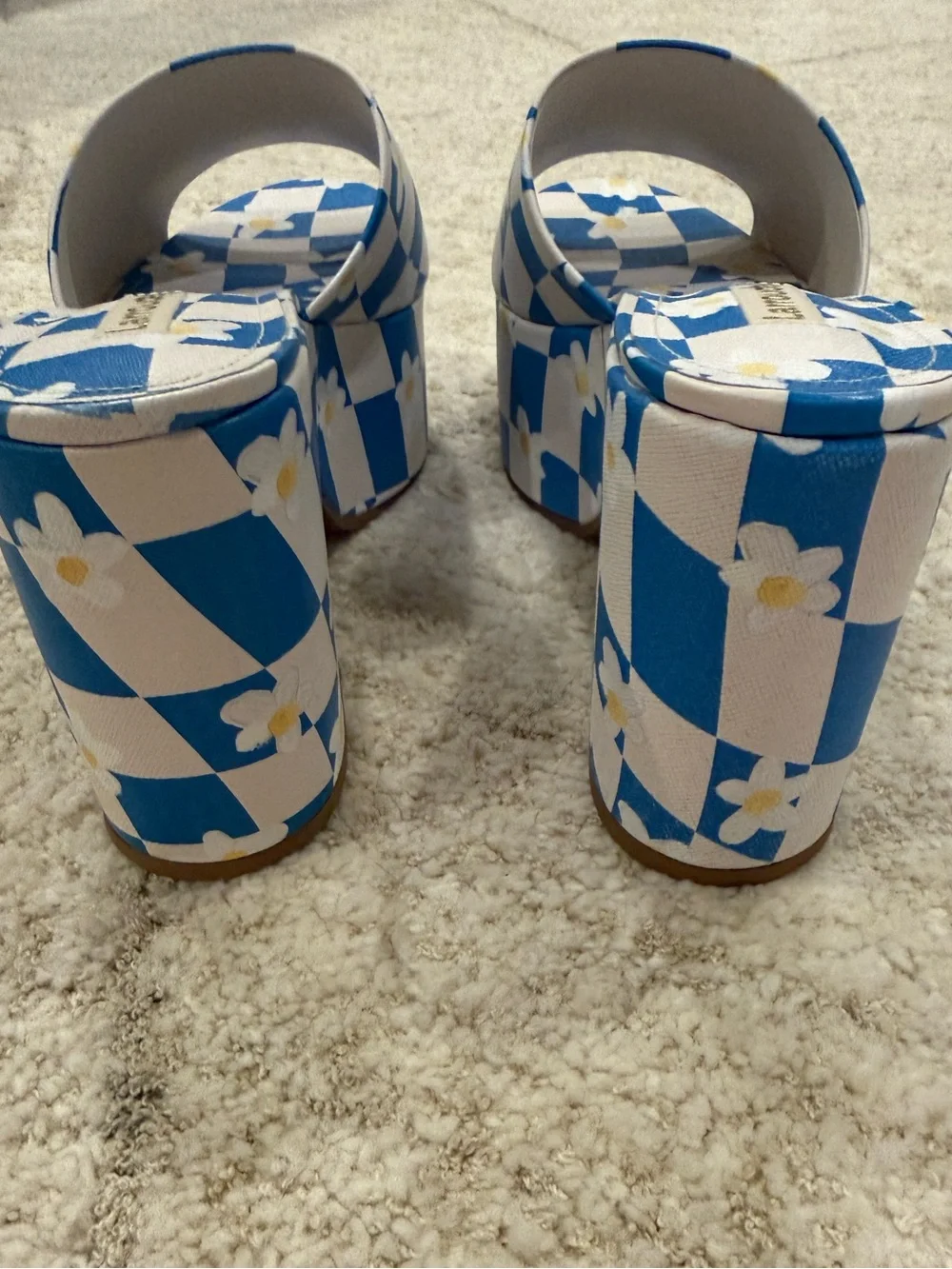 Larroude Blue & White Daisy Checker Platform Slide Sandals Size 8.5 NEW WITH TAG
